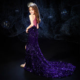 Long Mermaid Purple Halter Flower Girl Dress Sequined
